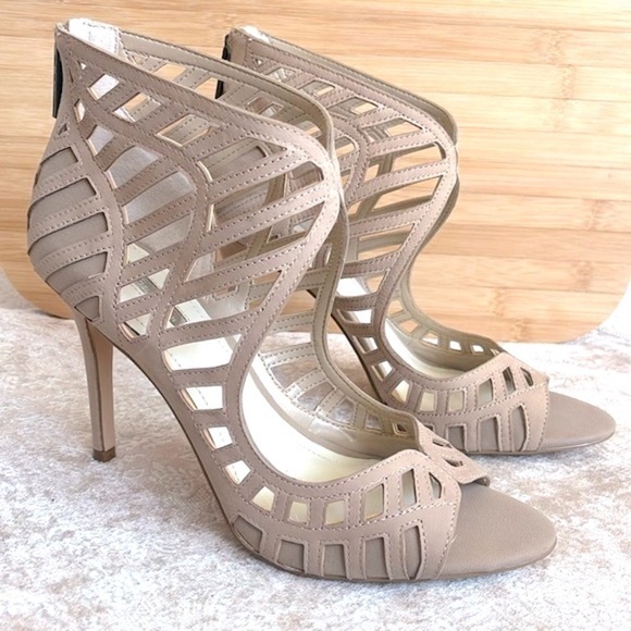 Brand New BCBGeneration Drita Leather Laser Cut Caged Stiletto Heels Neutral - Picture 1 of 16